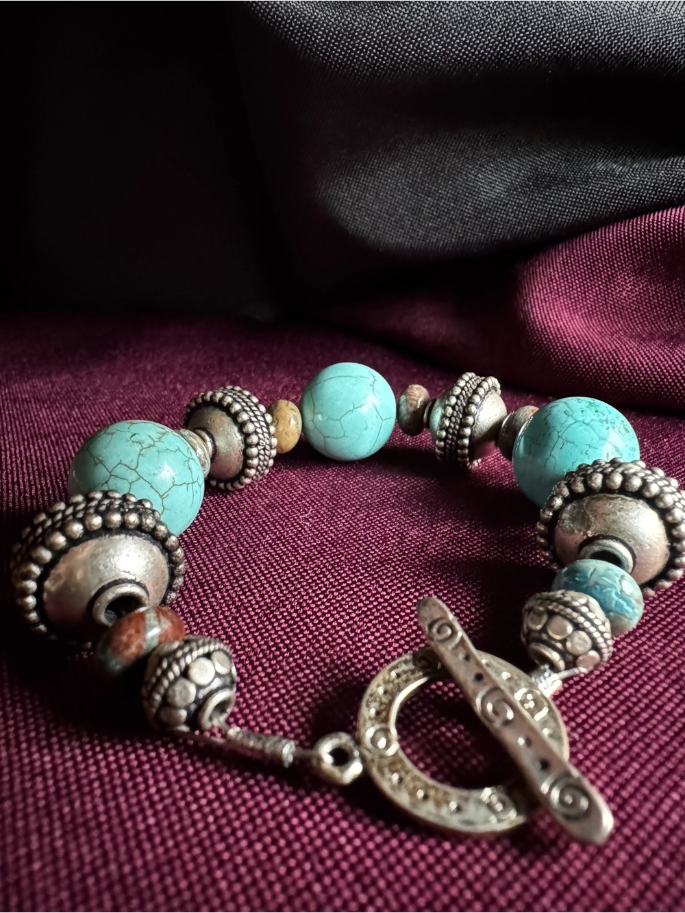 Turquoise Bead Bracelet with Silver Accents